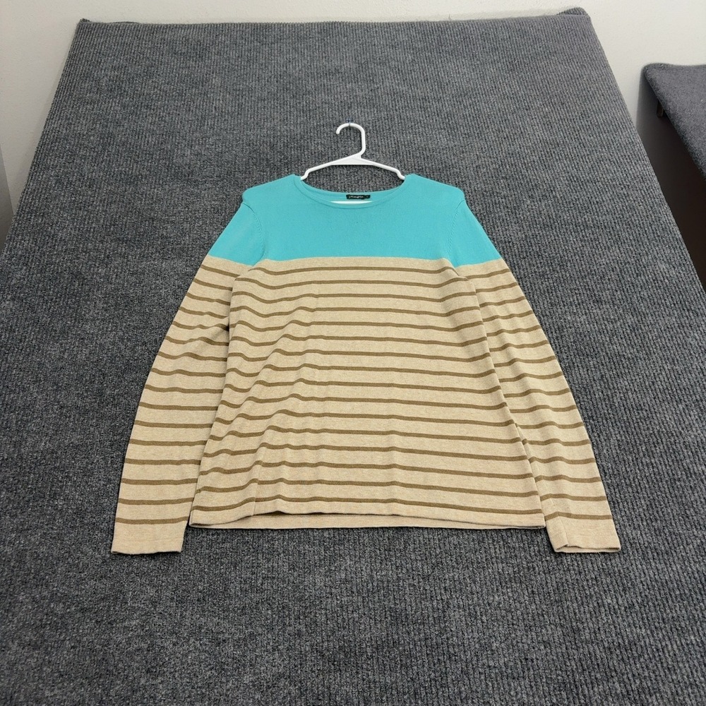 J McLaughlin Sweater Womens L Blue Tan Cotton Modal Striped Shoulder Button Prep